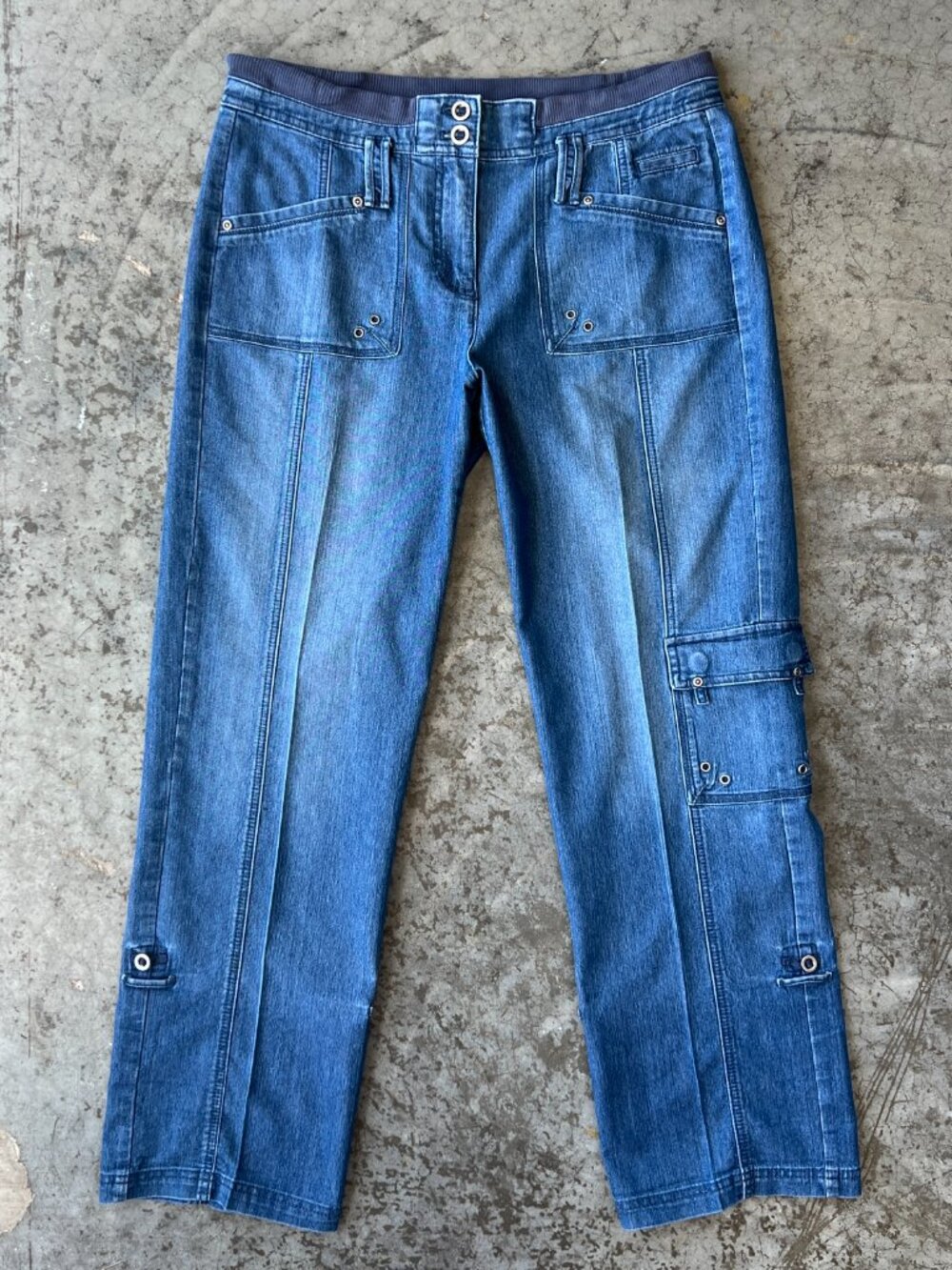 Chico's Y2K Utility Cargo Jeans Comfort Knit Waist Wide Leg Size 1.5 Medium Wash